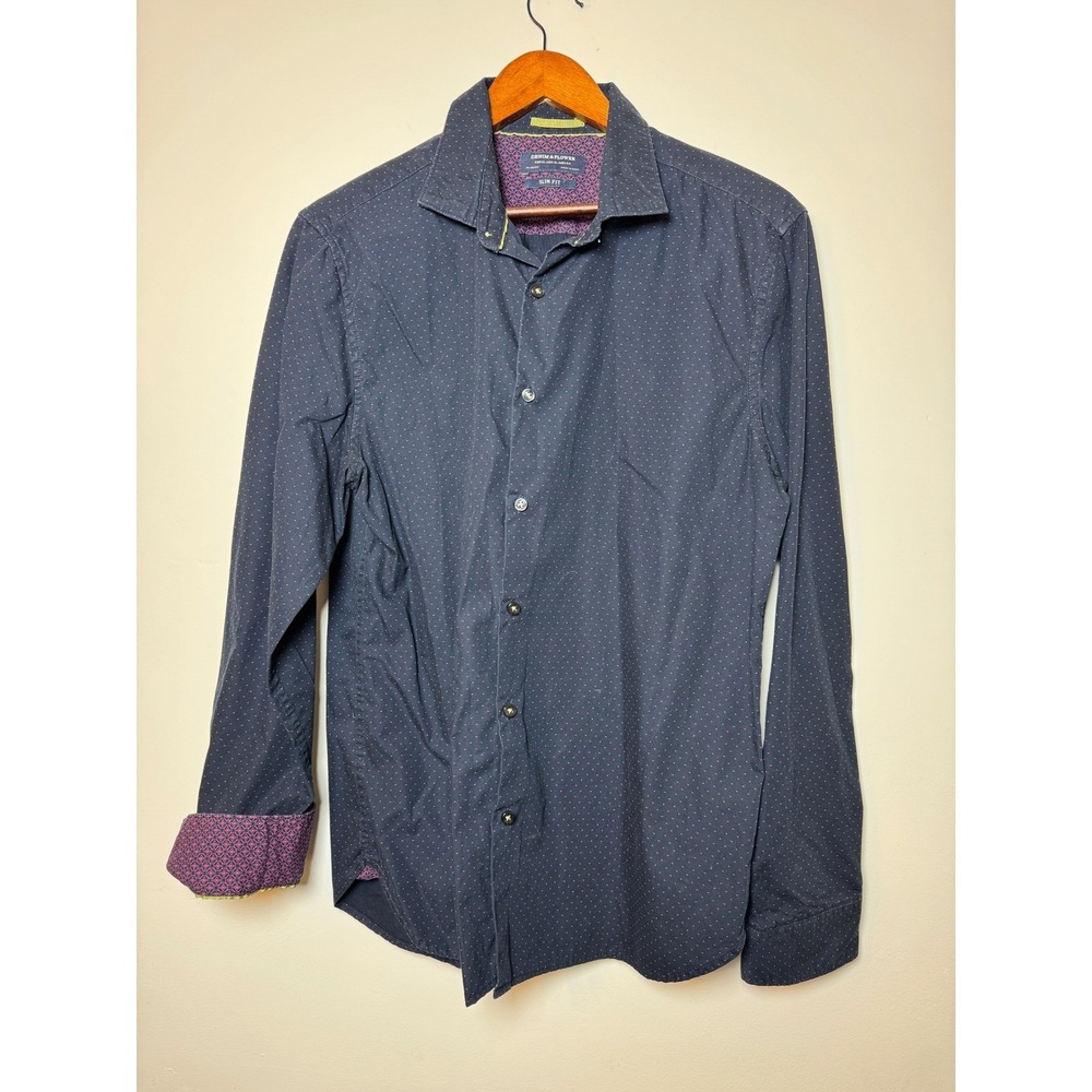 Denim & Flower‎ Mens Slim Fit Button Down Shirt Navy Blue Red Micro Dot XL